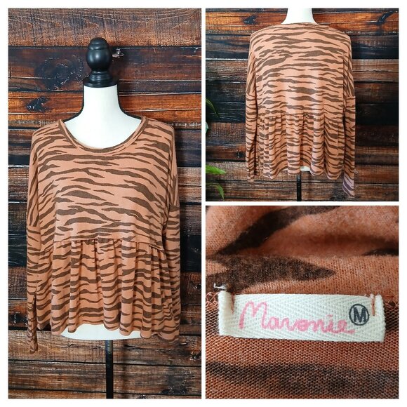 Maronie Vintage Y2K Top M Super Soft Oversized Peach Brown Tiger Print USA Made - Picture 1 of 8